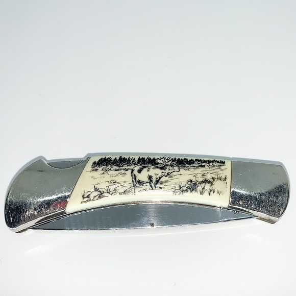 Sabre Stainless Knife w/ Moose Scrimshaw - Picture 2 of 4